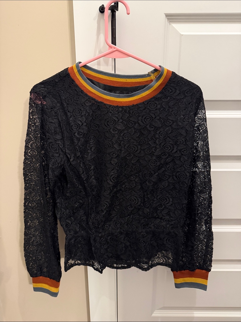 Black Lace Long-Sleeve Top with Striped Trim